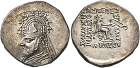 KINGS OF PARTHIA. Sinatrukes, 93/2-70/69 BC. Drachm (Silver, 19 mm, 4.00 g, 12 h), Rhagai. Diademed and draped bust of Sinatrukes to left, wearing tia...