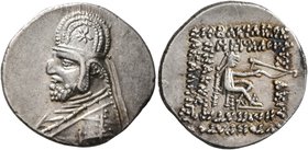 KINGS OF PARTHIA. Mithradates III, circa 87-79 BC. Drachm (Silver, 20 mm, 4.14 g, 12 h), Rhagai. Bust of Mithridates II to left, wearing tiara with th...