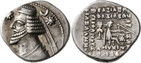 KINGS OF PARTHIA. Orodes II, circa 57-38 BC. Drachm (Silver, 19 mm, 4.00 g, 12 h), Ekbatana. Diademed and draped bust of Orodes II to left; to left, s...