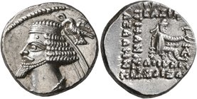 KINGS OF PARTHIA. Phraates IV, circa 38-2 BC. Drachm (Silver, 18 mm, 4.17 g, 12 h), Ekbatana. Diademed and draped bust of Phraates IV to left; being c...