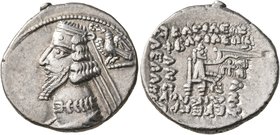 KINGS OF PARTHIA. Phraates IV, circa 38-2 BC. Drachm (Silver, 19 mm, 4.02 g, 12 h), Rhagai. Diademed and draped bust of Phraates IV to left; being cro...