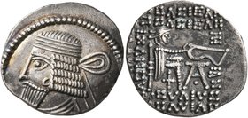 KINGS OF PARTHIA. Vologases I, circa 51-78. Drachm (Silver, 20 mm, 3.46 g, 12 h), Ekbatana. Diademed and draped bust of Vologases I to left. Rev. Arch...