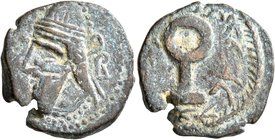 KINGS OF PARTHIA. Vologases IV, circa 147-191. Tetrachalkon (Bronze, 20 mm, 4.64 g, 9 h), Edessa. Diademed head of Vologases IV to left; behind, B. Re...