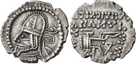 KINGS OF PARTHIA. Artabanos VI, circa 216-224. Drachm (Silver, 20 mm, 3.62 g, 12 h), Ekbatana. Diademed and draped bust of Artabanos VI to left, weari...