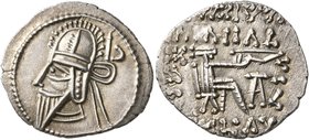 KINGS OF PARTHIA. Vologases VI, circa 208-228. Drachm (Silver, 21 mm, 3.69 g, 11 h), Ekbatana. Diademed and draped bust of Vologases VI to left, weari...
