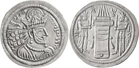 SASANIAN KINGS. Shahpur II, 309-379. Drachm (Silver, 25 mm, 3.37 g, 2 h), 'Ktesiphon', circa 309-320. Draped bust of Shahpur II to right, wearing elab...