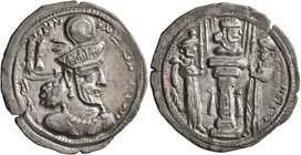 SASANIAN KINGS. Shahpur III, 383-388. Drachm (Silver, 25 mm, 4.21 g, 2 h), 'western group'. Draped bust of Shahpur III to right, wearing elaborate cro...
