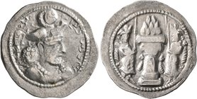 SASANIAN KINGS. Bahram IV, 388-399. Drachm (Silver, 23 mm, 3.87 g, 3 h), uncertain mint. Draped bust of Bahram IV, to right, wearing elaborate crown w...
