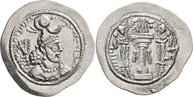SASANIAN KINGS. Yazdgard I, 399-420. Drachm (Silver, 30 mm, 4.32 g, 3 h), WH mint (Veh-Andiyōk-Šābuhr). Draped bust of Yazdgard I to right, wearing el...
