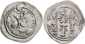 SASANIAN KINGS. Bahram V, 420-438. Drachm (Silver, 30 mm, 4.29 g, 3 h), LD mint (Ray). Draped bust of Bahram V to right, wearing elaborate crown with ...