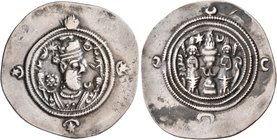 SASANIAN KINGS. Khosrau II, 591-628. Drachm (Silver, 29 mm, 3.68 g, 3 h), YZ mint (Yazd), RY 1 = 591. Draped bust of Khosrau II to right, wearing elab...