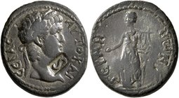 MYSIA. Germe. Titus, 79-81. Semis (?) (Bronze, 20 mm, 4.52 g, 1 h). AYTO KAI CЄBAC Laureate head of Titus to right; before, countermark: S within rect...