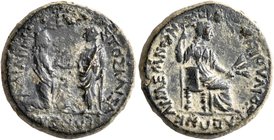 LYDIA. Sardis. Tiberius, with Julia Augusta (Livia), 14-37. Assarion (Bronze, 18 mm, 5.02 g, 1 h), Ioulios Kleon and Memnon, magistrates. ΣΕΒΑΣΤΟΣ ΚΑΙ...