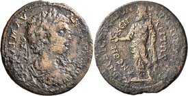 PHRYGIA. Dionysopolis. Caracalla, 198-217. Hexassarion (Bronze, 36 mm, 19.93 g, 6 h), Chares, priest of Dionysos for the second time, 198. AYT KAI M A...