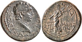PHRYGIA. Prymnessus. Tiberius (?), 14-37. Assarion (Bronze, 20 mm, 5.24 g, 1 h), Perigenes, magistrate. ΣΕΒΑΣΤΟΣ Laureate head of Tiberius (?) to righ...