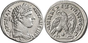 SYRIA, Seleucis and Pieria. Laodicea ad Mare. Caracalla, 198-217. Tetradrachm (Silver, 27 mm, 12.53 g, 11 h), 208-209. •AYT•KAI• •ANTΩNЄINOC •C• Laure...