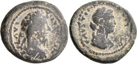 JUDAEA. Aelia Capitolina (Jerusalem). Marcus Aurelius, with Faustina Junior, 161-180. AE (Bronze, 22 mm, 10.75 g, 6 h). IMP CAES M AVR ANTONINVS AVG L...