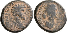JUDAEA. Aelia Capitolina (Jerusalem). Lucius Verus, with Faustina Junior, 161-169. AE (Bronze, 25 mm, 16.99 g, 12 h). IMP CAES L AVR VERVS AVG Bare-he...