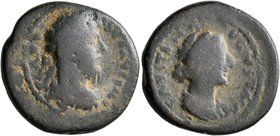 JUDAEA. Aelia Capitolina (Jerusalem). Lucius Verus, with Faustina Junior, 161-169. AE (Bronze, 22 mm, 9.34 g, 6 h). IMP CAES L AVR VERVS AVG Laureate,...
