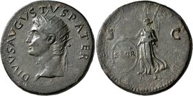 Divus Augustus, died AD 14. Dupondius (Orichalcum, 31 mm, 16.88 g, 8 h), Rome, struck under Tiberius, circa 22/3-30. DIVVS•AVGVSTVS•PATER Radiate head...