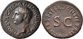 Drusus, died 23. As (Copper, 29 mm, 11.21 g, 7 h), Rome, struck under Tiberius, 22-23. DRVSVS CAESAR TI AVG F DIVI AVG N Bare head of Drusus to left. ...