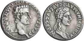 Gaius (Caligula), with Agrippina Senior, 37-41. Denarius (Silver, 18 mm, 3.76 g, 12 h), Lugdunum, 37-38. C CAESAR•AVG•GERM•P•M•TR•POT Bare head of Gai...