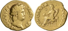 Nero, 54-68. Aureus (Gold, 19 mm, 7.00 g, 7 h), Rome, 64-65. NERO CAESAR AVGVSTVS Laureate head of Nero to right. Rev. CONCORDIA AVGVSTA Concordia sea...
