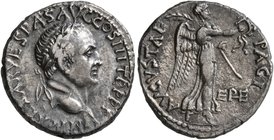 Vespasian, 69-79. Denarius (Silver, 17 mm, 2.89 g, 1 h), Ephesus, 77-78. IMP CAESAR VESPAS AVG COS III TR P P P Laureate head of Vespasian to right. R...