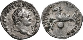 Titus, 79-81. Denarius (Silver, 18 mm, 3.31 g, 5 h), Rome, 79. IMP TITVS CAES VESPASIAN AVG P M Laureate head of Titus to right. Rev. TR P VIIII IMP X...