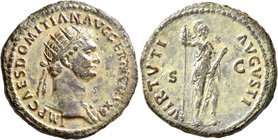 Domitian, 81-96. Dupondius (Copper, 29 mm, 13.29 g, 7 h), Rome, 85. IMP CAES DOMITIAN AVG GERM COS XI Radiate head of Domitian to right, with slight d...