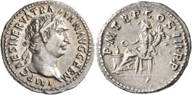 Trajan, 98-117. Denarius (Silver, 19 mm, 3.51 g, 7 h), Rome, 100. IMP CAES NERVA TRAIAN AVG GERM Laureate head of Trajan to right. Rev. P•N•TR•P•COS•I...