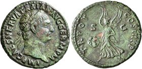 Trajan, 98-117. As (Copper, 28 mm, 11.49 g, 6 h), Rome, 100. IMP CAES NERVA TRAIAN AVG GERM P M Laureate head of Trajan to right. Rev. TR POT COS III ...