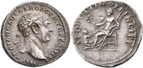 Trajan, 98-117. Denarius (Silver, 19 mm, 3.31 g, 7 h), Rome, 106-107. IMP TRAIANO AVG GER DAC P M TR P COS V P P Laureate head of Trajan to right, wit...