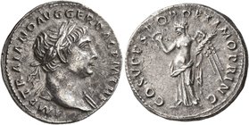Trajan, 98-117. Denarius (Silver, 18 mm, 3.11 g, 8 h), Rome, circa 107-108. IMP TRAIANO AVG GER DAC P M TR P Laureate head of Trajan to right, with sl...