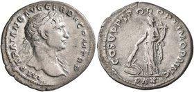 Trajan, 98-117. Denarius (Silver, 20 mm, 2.77 g, 6 h), Rome, 111. IMP TRAIANO AVG GER DAC P M TR P Laureate head of Trajan to right, with slight drape...