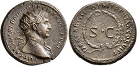Trajan, 98-117. Semis (Orichalcum, 20 mm, 5.11 g, 7 h), Rome, for use in Syria, 116. IMP CAES NER TRAIANO OPTIM AVG GERM Radiate and draped bust of Tr...