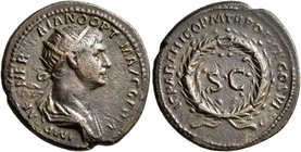 Trajan, 98-117. Semis (Orichalcum, 20 mm, 3.95 g, 6 h), Rome, for use in Syria, 116. IMP CAES NER TRAIANO OPTIM AVG GERM Radiate and draped bust of Tr...