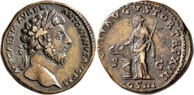 Marcus Aurelius, 161-180. Sestertius (Orichalcum, 31 mm, 26.19 g, 1 h), Rome, 163. IMP CAES M AVREL ANTONINVS AVG P M Laureate head of Marcus Aurelius...
