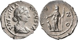 Faustina Junior, Augusta, 147-175. Denarius (Silver, 19 mm, 3.27 g, 11 h), Rome. FAVSTINA AVGVSTA Draped bust of Faustina Junior to right. Rev. IVNO J...