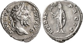Septimius Severus, 193-211. Denarius (Silver, 18 mm, 3.45 g, 1 h), Rome, 201-202. SEVERVS PIVS AVG Laureate head of Septimius Severus to right. Rev. F...