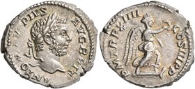 Caracalla, 198-217. Denarius (Silver, 19 mm, 3.27 g, 6 h), Rome, 211. ANTONINVS PIVS AVG BRIT Laureate head of Caracalla to right. Rev. P M TR P XIIII...
