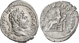 Caracalla, 198-217. Denarius (Silver, 19 mm, 2.91 g, 6 h), Rome, 212. ANTONINVS PIVS AVG BRIT Laureate head of Caracalla to right. Rev. P M TR P XV CO...