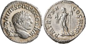 Caracalla, 198-217. Denarius (Silver, 19 mm, 3.00 g, 7 h), Rome, 217. ANTONINVS PIVS AVG GERM Laureate head of Caracalla to right. Rev. P M TR P XX CO...