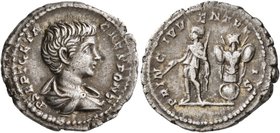 Geta, as Caesar, 198-209. Denarius (Silver, 20 mm, 3.24 g, 7 h), Rome, 200-202. P SEPT GETA CAES PONT Bare-headed and draped bust of Geta to right, se...