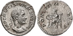 Macrinus, 217-218. Denarius (Silver, 20 mm, 2.15 g, 12 h), Rome, summer 217-early 218. IMP C M OPEL SEV MACRINVS AVG Laureate and cuirassed bust of Ma...