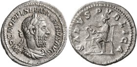 Macrinus, 217-218. Denarius (Silver, 21 mm, 3.43 g, 7 h), Rome, summer 217-early 218. IMP C M OPEL SEV MACRINVS AVG Laureate, draped and cuirassed bus...