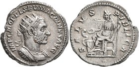 Macrinus, 217-218. Antoninianus (Silver, 22 mm, 5.28 g, 1 h), Rome, spring-summer 217. IMP C M OPEL SEV MACRINVS AVG Radiate and cuirassed bust of Mac...
