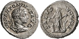 Elagabalus, 218-222. Denarius (Silver, 20 mm, 3.44 g, 6 h), Rome, 219-220. IMP ANTONINVS AVG Laureate and draped bust of Elagabalus to right, seen fro...