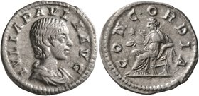 Julia Paula, Augusta, 219-220. Denarius (Silver, 19 mm, 2.28 g, 7 h), Rome. IVLIA PAVLA AVG Draped bust of Julia Paula to right. Rev. CONCORDIA Concor...