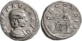 Julia Paula, Augusta, 219-220. Denarius (Silver, 19 mm, 3.52 g, 5 h), Rome. IVLIA PAVLA AVG Draped bust of Julia Paula to right. Rev. CONCORDIA Concor...